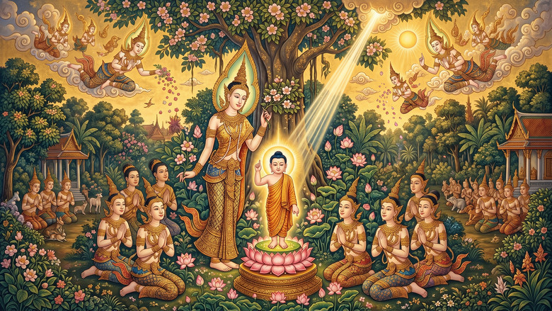ภาพจิตรกรรม พระพุทธเจ้าประสูติ
