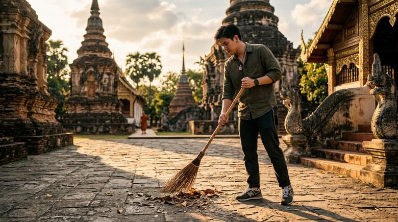 กวาดลานวัด
